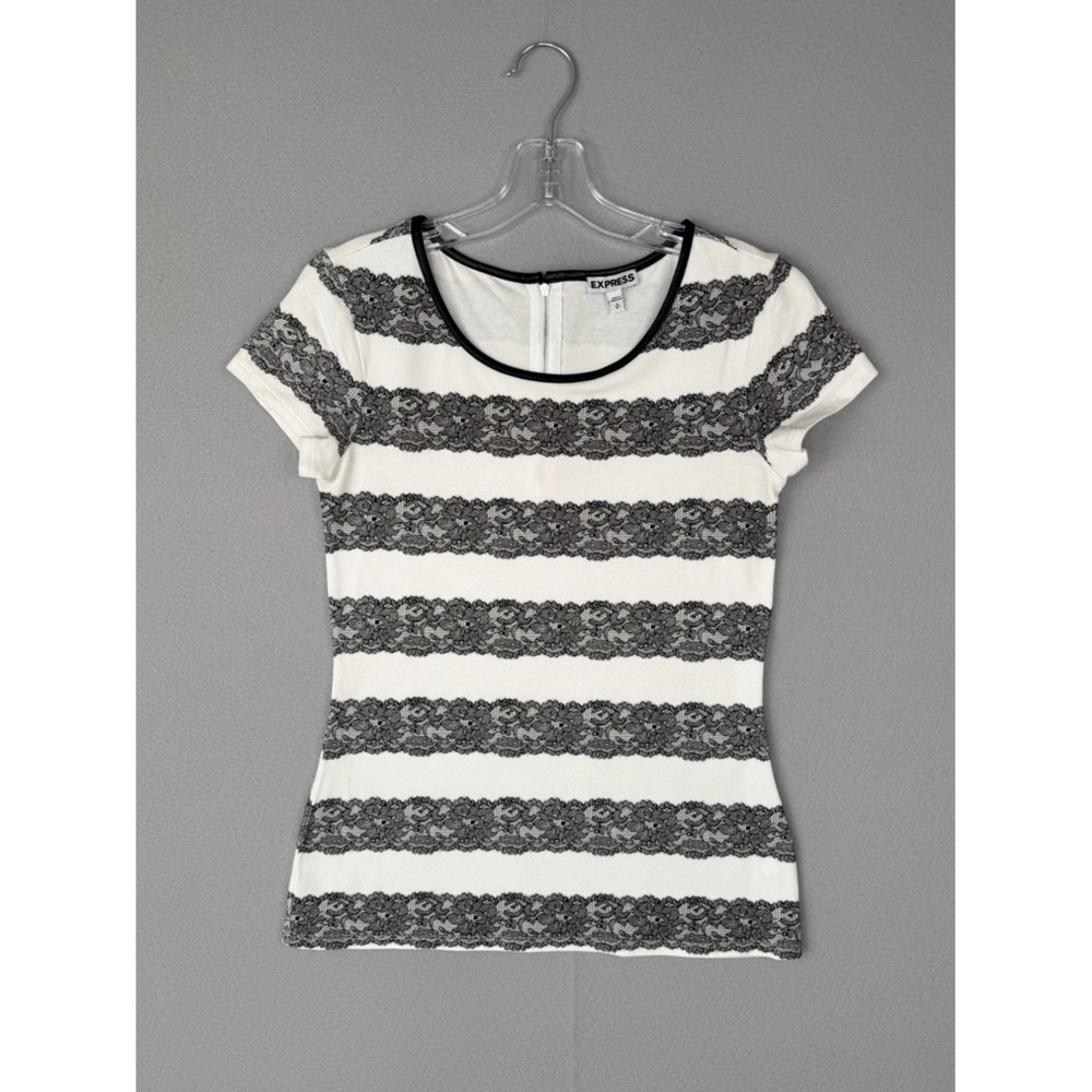 Express Fitted Crew Neck Tee Lace Print Off White Black‎ Exposed Back Zip S